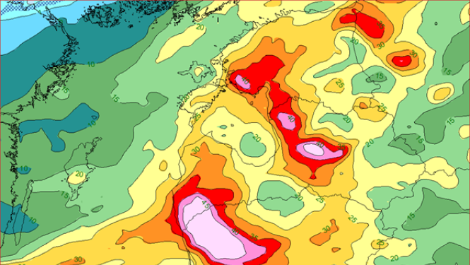 17.-19. februārī prognozētais kopējais nokrišņu daudzums (mm jeb l/kv.m)