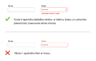 2 paroles ievades lauku un kļūdu paziņojumu piemēri viens zem otra. Augšējā piemērā kļūdas paziņojumam ir paskaidrojuma teksts un ikona, apakšējā - nav.