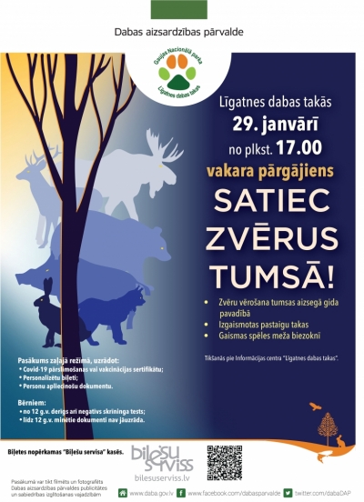 Plakāts vakara pārgājienam “Satiec zvērus tumsā”