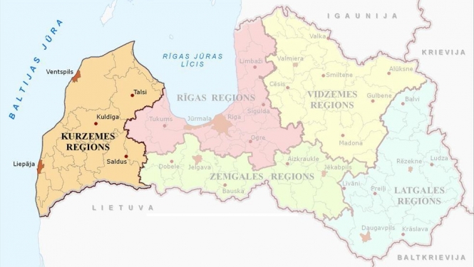Latvijas karte ar iezīmētu Kurzemes reģiona robežu