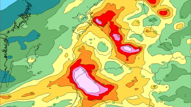 17.-19. februārī prognozētais kopējais nokrišņu daudzums (mm jeb l/kv.m)