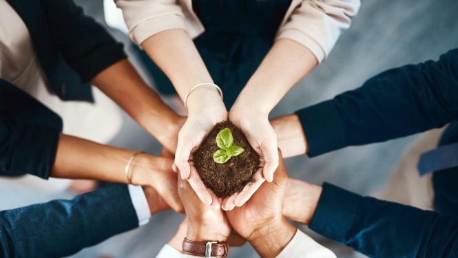 Kolektīva plaukstas, kas tur zemi ar dīkstu