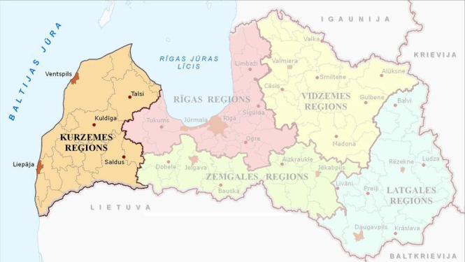 Latvijas karte ar iezīmētu Kurzemes reģiona robežu