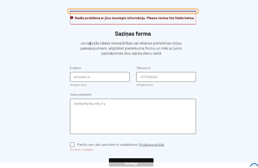 Saziņas formas lauka piemērs ar kļūdas paziņojumu par nepareizas informācijas norādi
