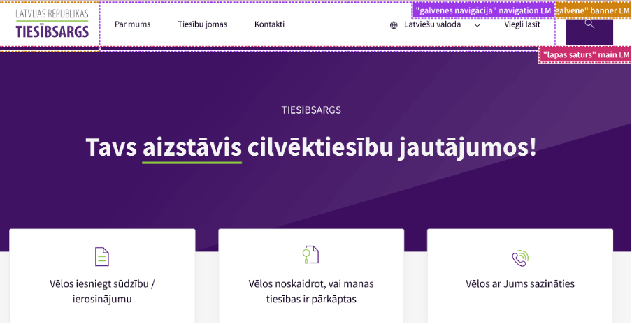 Latvijas tīmekļvietnes ekrānšāviņš ar pamatstruktūras elementiem