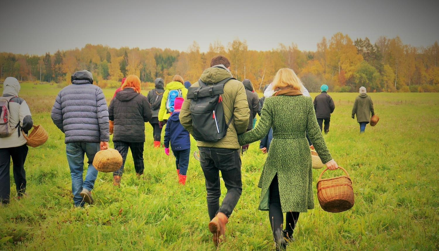 Cilvēki pļavā ar groziem