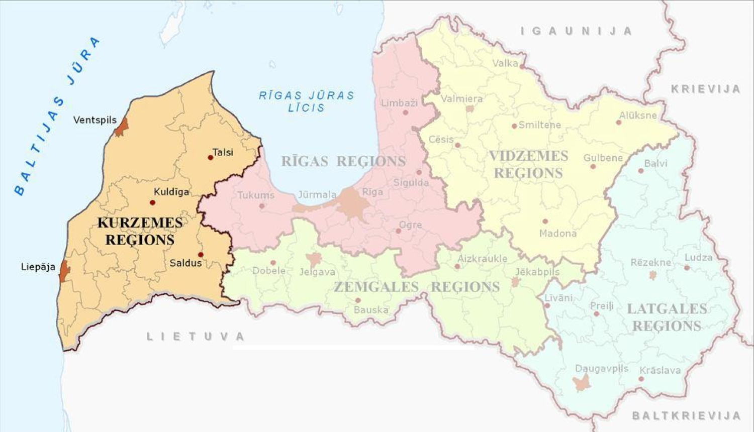 Latvijas karte ar iezīmētu Kurzemes reģiona robežu